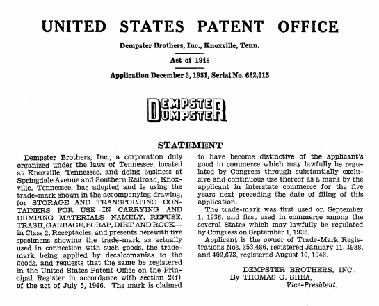 The original trademark registration certificate filed by Dempster for his eponymous Dempster Dumpster.