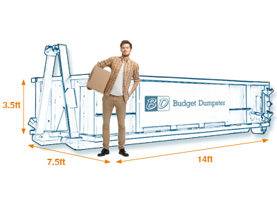 Man Holding Box in Front of a 10 Yard Dumpster With Labeled Dimensions