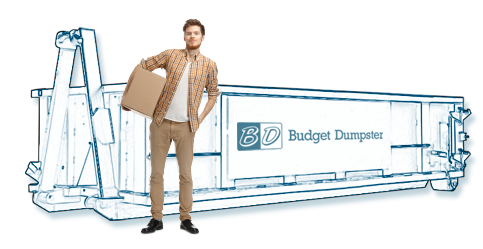 Man Standing in Front of a 10 Yard Dumpster Holding a Box