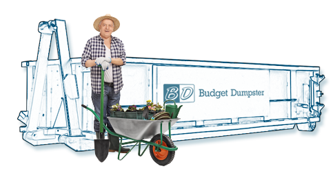 Man Standing in Front of a 12 Yard Dumpster with a Wheelbarrow
