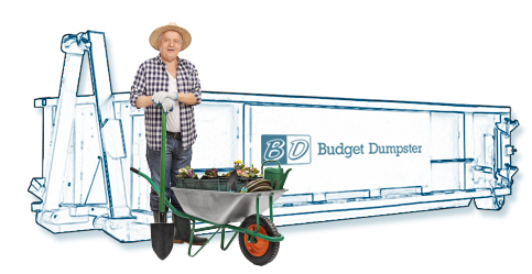 Man With Wheelbarrow Standing in Front of a 12 Yard Dumpster