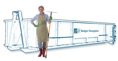 Woman in Apron and Rubber Gloves Standing in Front of a 20 Yard Dumpster