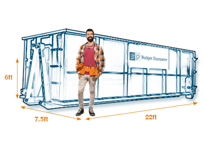 Contractor Wearing Tool Belt Standing in Front of a 30 Yard Dumpster With Labeled Dimensions