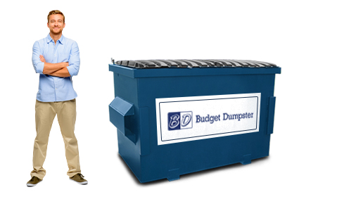 Man Standing Next to a Blue Dumpster