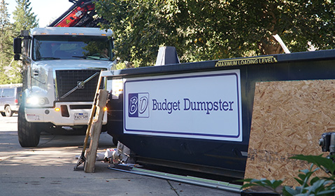 White Truck Parked Behind a Blue Roll Off Dumpster