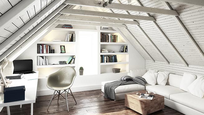 White Attic Room With Couch and Desk