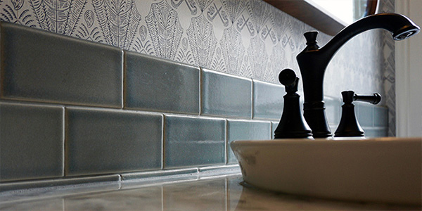 Bathroom Sink With Gray Tile Backsplash