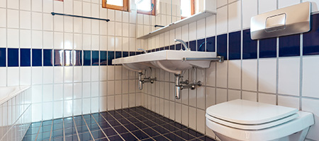 Vertical Blue and White Tile on Wall in Bathroom