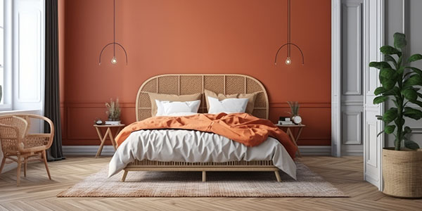 Warm Bedroom With Wood Furniture and Orange Accent Wall