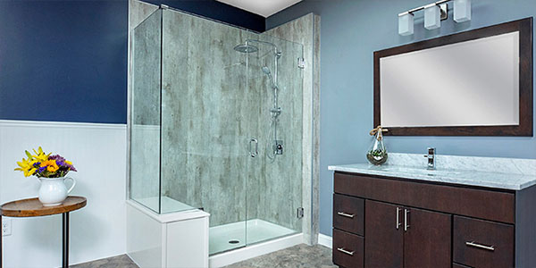 Walk-In Shower in a Small Blue Bathroom