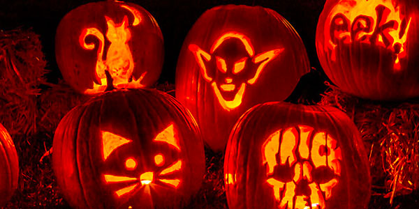 Lit Jack-o-Lanterns On Porch