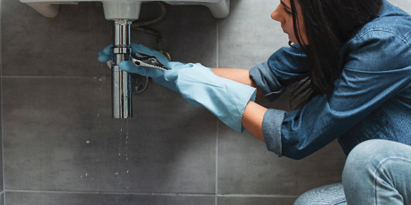 Woman Using Wrench to Tighten Pipe Under Sink