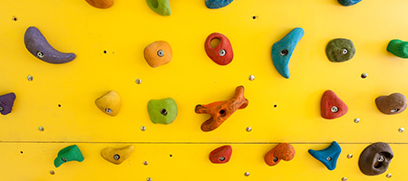 Variety of colorful climbing grips attached to wall