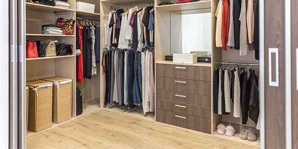 Wood flooring in a walk-in closet.