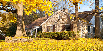 Stone House with Yard Covered in Yellow Leaves