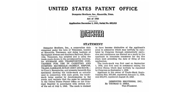 The original trademark registration certificate filed by Dempster for his eponymous Dempster Dumpster.