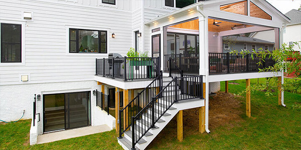 Stairs Leading Up to a Landing and Screened-In Porch