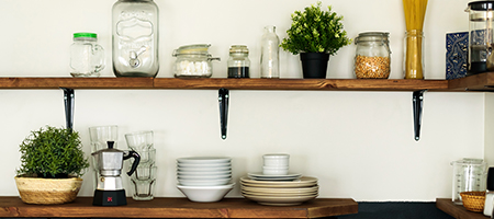 Dishes on Open Shelves in Kitchen
