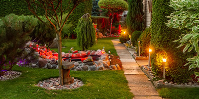 Side Yard With Trees, Shrubs and Rock Garden