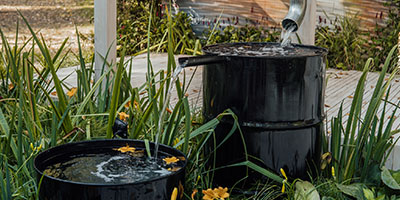 Water Flowing Into Black Rain Barrel Next to Plants