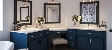 Large Bathroom With Navy Blue Double-Vanity