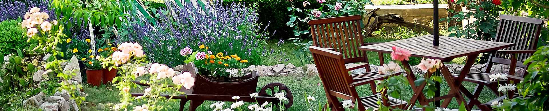 Garden With Flowers, Table and Chairs
