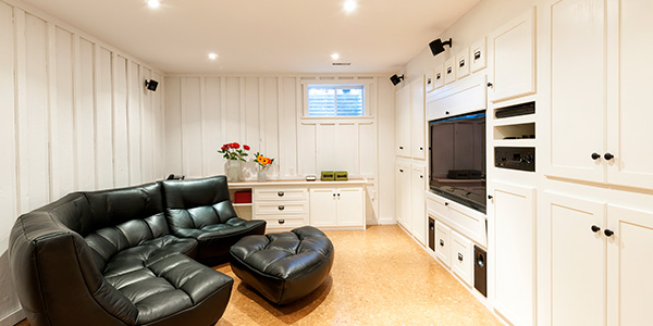 Finished Basement Media Room With Built-in Storage