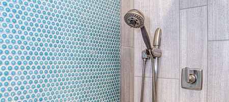 Blue Glass Tile Shower Wall