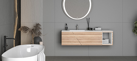 Gray Bathroom With Wooden Floating Vanity