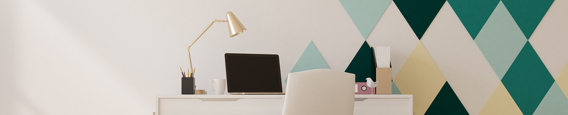 White Office Desk and Chair With Computer and Lamp