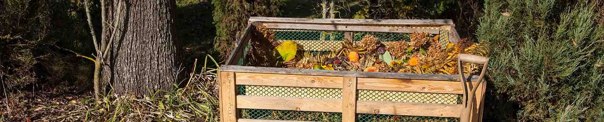 Compost Bin and Wheelbarrow Filled With Compost