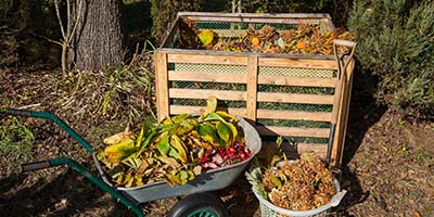 Compost Bin and Wheelbarrow Filled With Compost