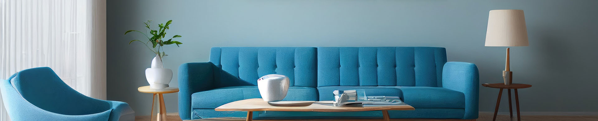 Blue Sofa in Front of Blue Accent Wall