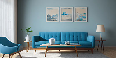 White Sofa in Front of Blue Accent Wall