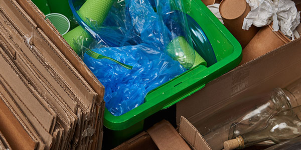 Plastic Cups Bags and Flattened Cardboard Boxes in Recycling Bin