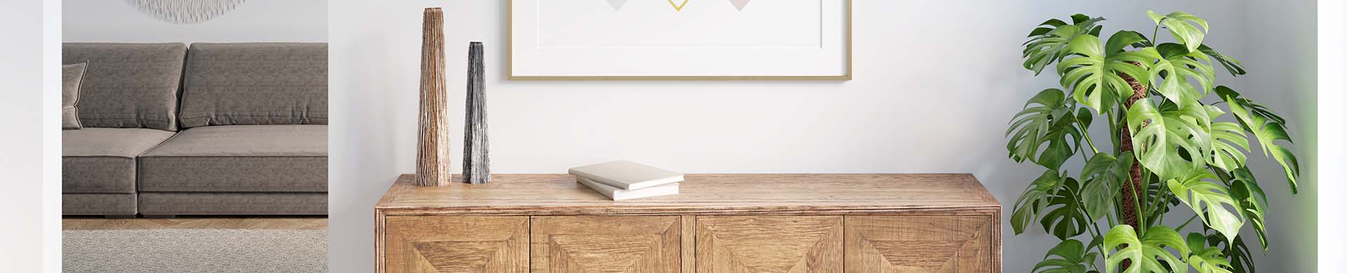 White Wall and Doorway With Wooden Chest, Poster and Plant