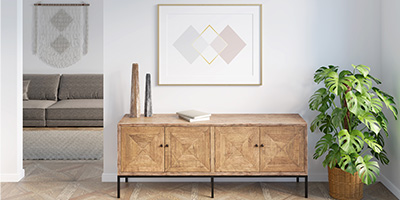 White Wall and Doorway With Wooden Chest, Poster and Plant