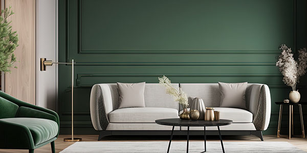 Grey Sofa in Front of Green and White Wall