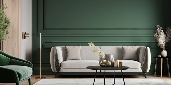 Grey Sofa in Front of Green and White Wall