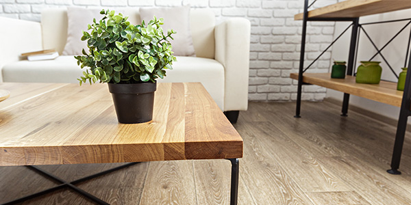 Exposed Leg Table, Shelves and Loveseat in Living Room