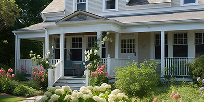 Beige Bungalow Surrounded by Flowers