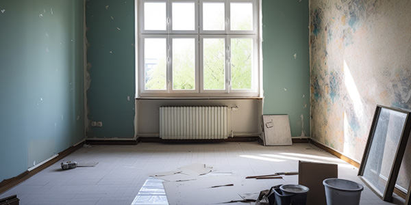 Blank Walls And Covered Floors Ready For Remodel Construction