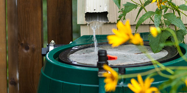 Watering Hose Attached to Rain Barrel