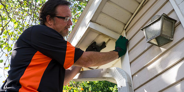 Man on Ladder Repairing Vinyl Siding