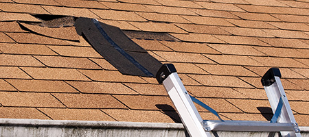 Ladder Near Loose Shingles Hanging From a Roof