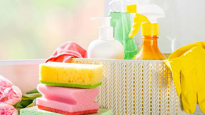 Pink and Yellow Spring Cleaning Supplies