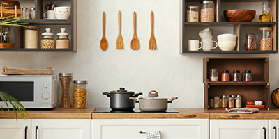 White Kitchen With Open Shelves and Appliances