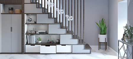 A Combination of Cabinets, Pantry, Shelves and Drawers Built Into the Side of a Staircase