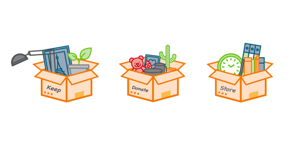 Three-Box Decluttering Method With Boxes Labeled “Keep,” “Donate,” and “Store”