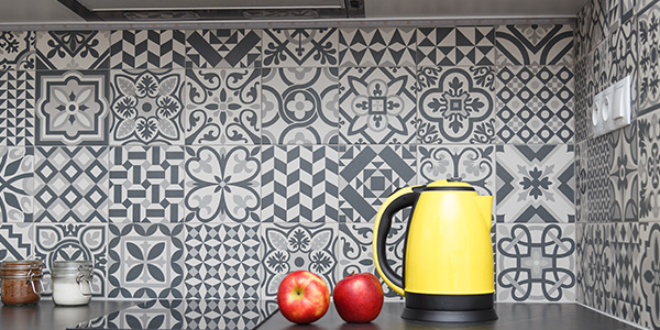 Decorative Tile Decals on Ceramic Tile Backsplash.